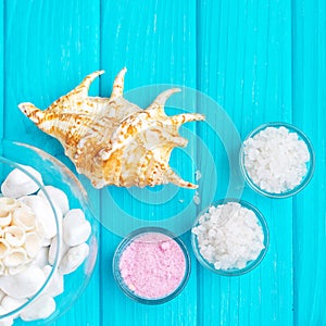 Sea Ã¢â¬â¹Ã¢â¬â¹salt in a glass white stones and Shell for spa and relaxation on a blue background